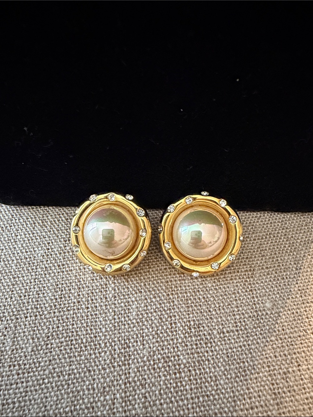 Nolan Miller Gold-Tone Pearl Center Button Earrings with Crystal Accents